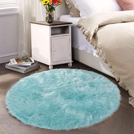 Latepis Blue Round Rugs 6ft Faux Sheepskin Fur Large Circle Rug for Living Room Bedroom Fluffy Plush Furry Rug Home Décor