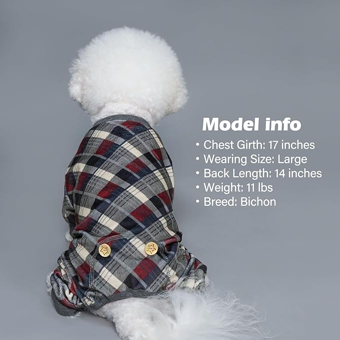 KYEESE Dog Pajamas Velvet Pjs Comfy Coat Pet Clothes Soft Doggie Jammies Plaid Dog Pajamas for Small Dogs Boy Girl Stretchy Onesie, Grey, X-Large