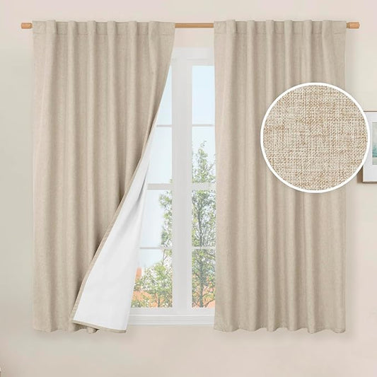 LAMIT 100% Blackout Window Curtains for Bedroom, 45 Inches Linen Textured Thermal Farmhouse Curtains Back Tab and Rod Pocket Window Panels with White Liner, 2 Panels, 52 x 45 Inch, Linen