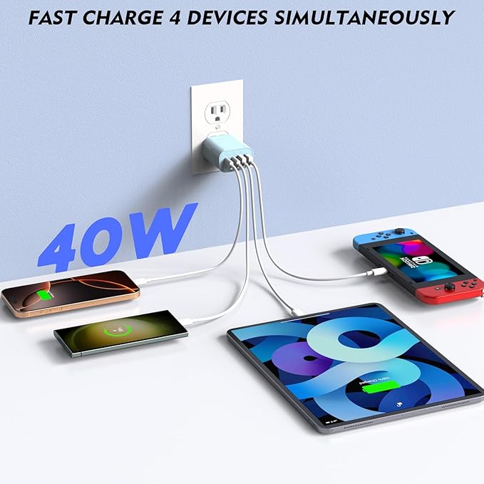 2 Pack 40W USB C Wall Charger,4-Ports Multiport PD Power Adapter & QC Wall Plug, Apple Fast Charging Block,iPhone USBC Charging Brick Compatible with iPhone 17/Air/17 Pro/16/16e/15/Pro Max/14/13(Blue)
