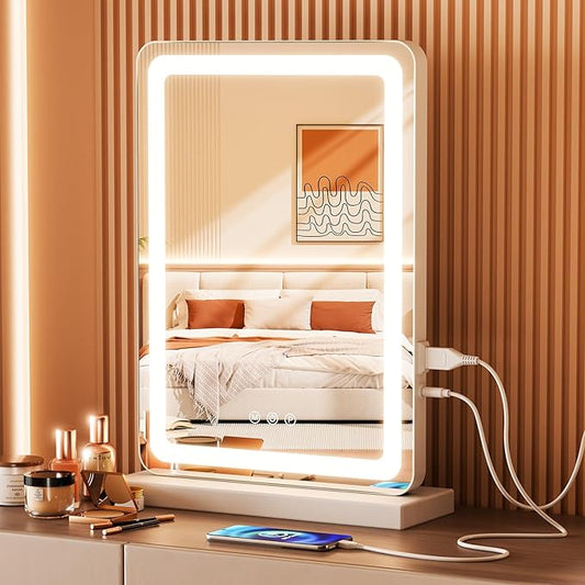DUMOS 17“x13.2” LED Makeup Mirror with Lights for Vanity, Dimmable 3 Color Modes Makeup Mirror with Memory Function, USB Charging, Aluminum Frame, Lighted Mirror for Desk or Bedroom