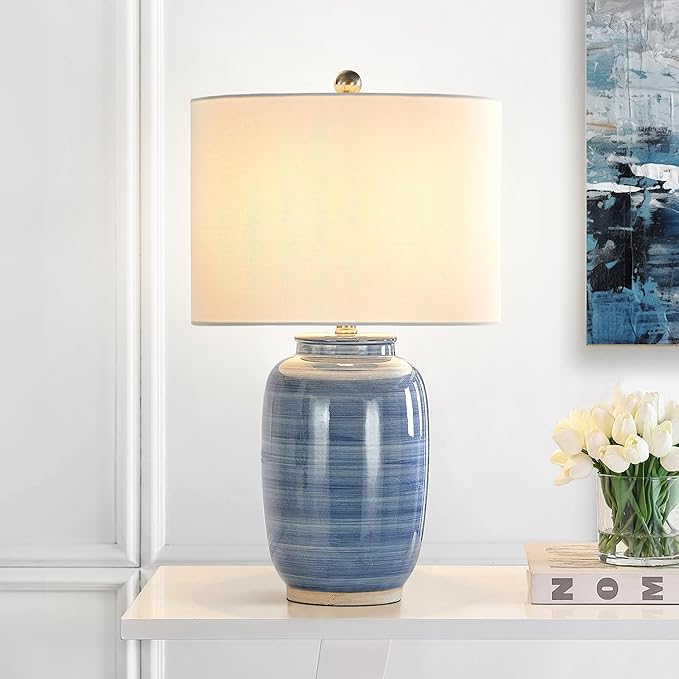 Maxax 25" Blue Table Lamp for Living Room, Modern Ceramic Lamp with White Shade, Coastal Blue Bedside Nightstand Lamp for Bedroom Home Office