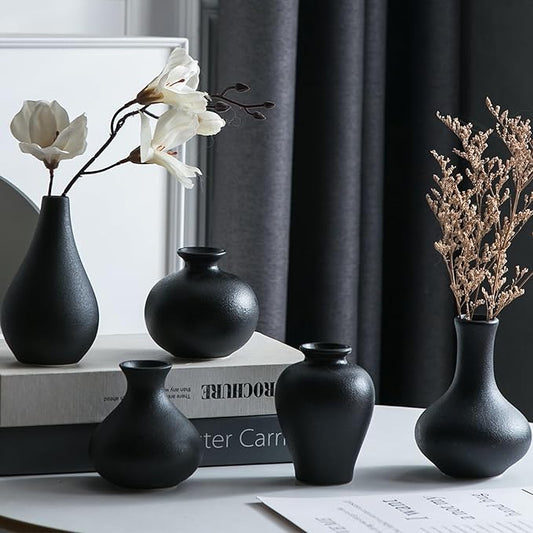 Tanvecle Small Black Vases, Ceramic Bud Vase Set of 5, Mini Pottery Vases for Pampas Grass, Flowers, Decorative Vases for Home Modern Decor, Rustic Decor, Veses for Living Room Dining Table Shelves