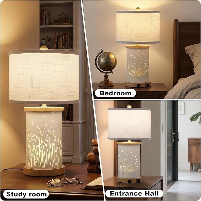 Set of 2 Ceramic Table Lamps with 3 Color Temperatures, Nightstand Table Lamps with AC Outlet, USB A & C Charging Port, Bedside Lamps for Living Room, Bedroom, Office Reading, Burlywood