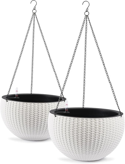 13.5 inch 2Pack Large Hanging Planters for Outdoor/Indoor Plants, Self Watering Hanging Pot with Water Level Indicato, Drainage Holes and Chain for Garden Porch, White