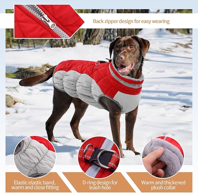 OUOBOB Winter Dog Coat,Large Dog Jacket,Waterproof Pet Jacket with Back Zipper,Pet Coat with Harness Built in,Warm Dogs Coat with Fleece Lined, Snow Jacket Clothes French Bulldog Shiba Inu,Red,L