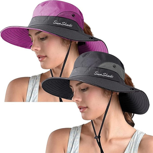 ZOORON Women's Ponytail Safari Sun Hat,Wide Brim UV Protection Outdoor Bucket Hat,Foldable Beach Summer Fishing Hat