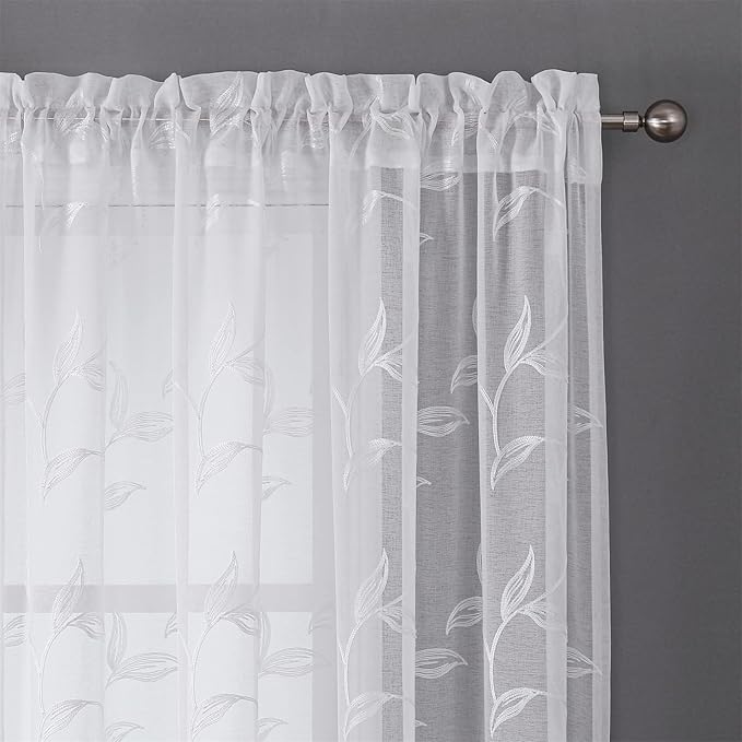VISIONTEX White Sheer Curtains 63 Inch Length 2 Panels Set Embroidered Floral Leaf Pattern Rod Pocket Semi Sheer Voile Window Curtains/Drapes for Bedroom Living Room 54 x 63 Inches