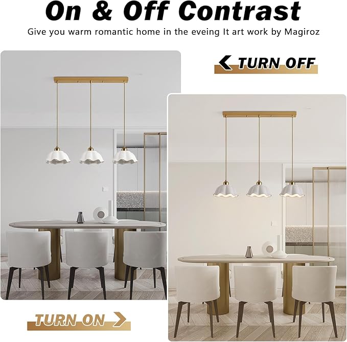 3-Light Hanging Pendant Light Fixtures Gold Kitchen Island Lighting Vintage Milk Glass Light Adjustable White Wave Ceramic Hanging Ceiling Light Nordic Retro Ceiling Lamp MPL11-3S GD