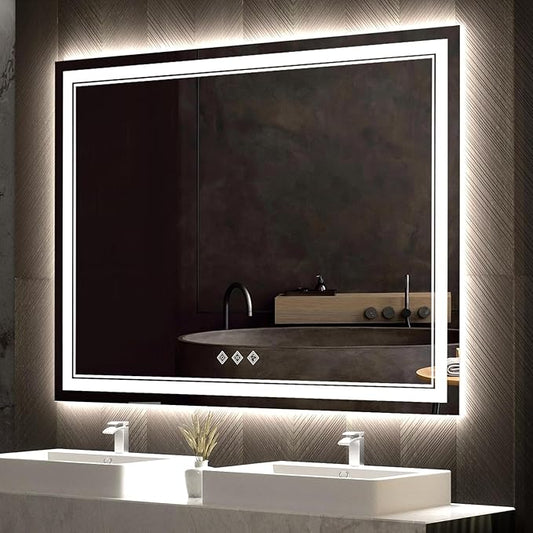 LED Mirror for Bathroom, 48x36 Inch Gradient Front and Backlit Bathroom Mirror, 3 Colors Dimmable CRI>90 Double Lights, IP54 Enhanced Anti-Fog, Hanging Plates Wall Mount LED Vanity Mirror