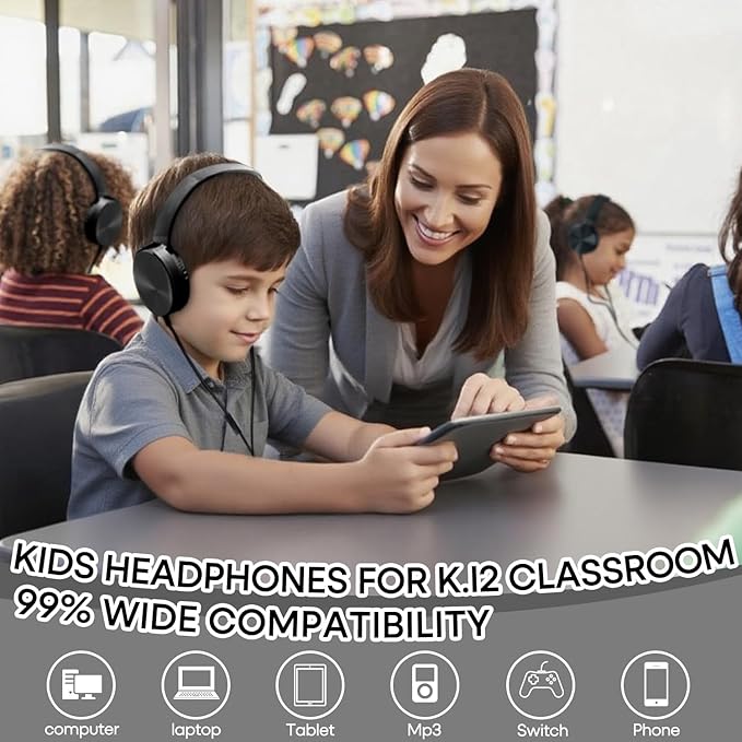 5 Pack Kids Headphones Bulk for School Classroom, Durable Students Wired Headset for Children Toddler Teen Boys Girls and Adult, Comfort On Ear Earphones for Laptop PC Chromebook (LS450, 5 Black)