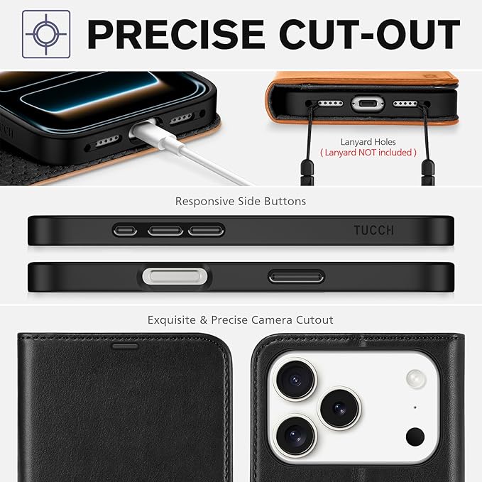 TUCCH Wallet Case for iPhone 17 Pro (6.3") 2025, RFID Blocking 4 Card Slots, Kickstand, Shockproof TPU Shell, PU Leather, Magnetic Closure, Protective Flip Folio Cover, Black & Brown
