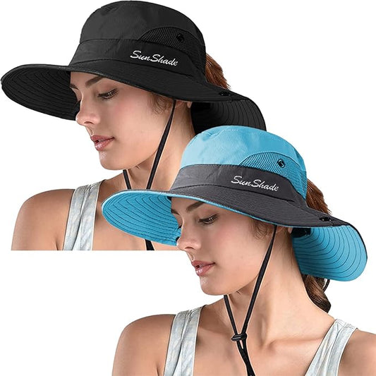 ZOORON Women's Ponytail Safari Sun Hat,Wide Brim UV Protection Outdoor Bucket Hat,Foldable Beach Summer Fishing Hat