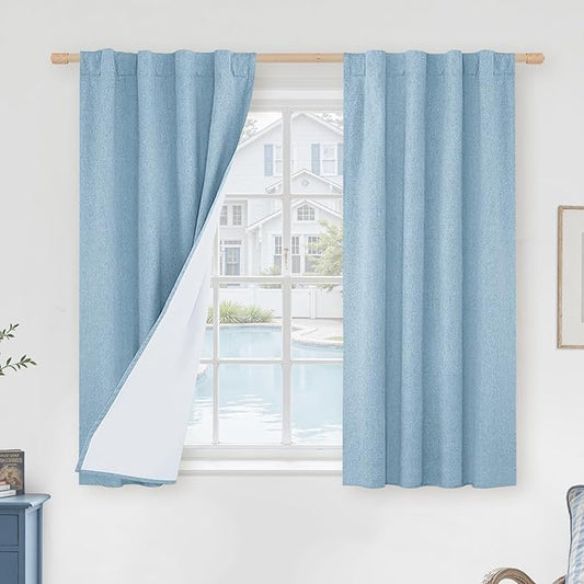 LAMIT Linen 100% Blackout Window Curtains for Bedroom, 45 Inches Linen Textured Thermal Farmhouse Curtains Back Tab and Rod Pocket Window Panels with White Liner, 2 Panels, 38 x 45 Inch, Stone Blue