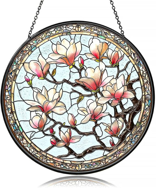 Stained Glass Window Hanging - Flowers Suncatcher - Vibrant Sun Catchers Indoor Hanging Decor, Flower Gifts for Women & Plant Lovers, Housewarming, Friendship， Birthday or New Home Celebration