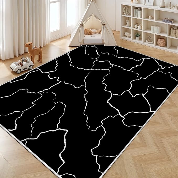 Abstract Rugs for Living Room - Modern Washable Area Rug, 7x9 Abstract Black and White Rug, Minimalist Rugs,Carpet Non Slip Home Decor