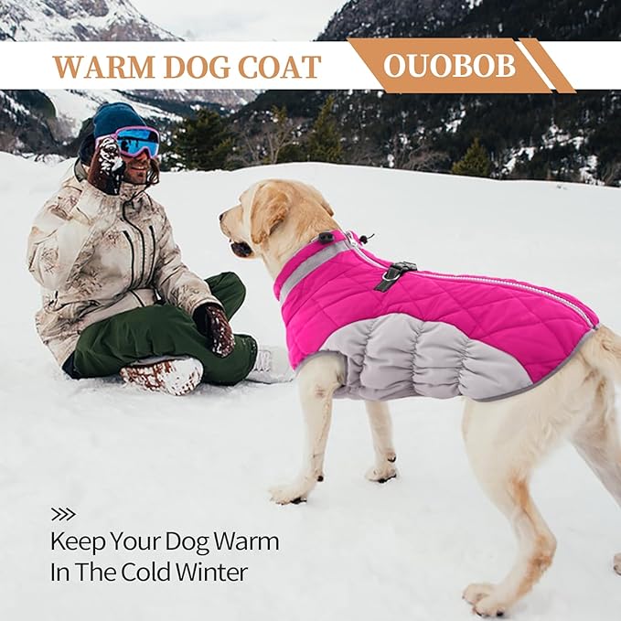 OUOBOB Large Dog Coat, XXLarge Dog Winter Coat, Waterproof Pet Jacket with Back Zipper,Extra Large Pet Coats, Warm Fleece Jacket with D-Ring, Windproof Winter Clothes Golden Retriever,Rose Red,XXL
