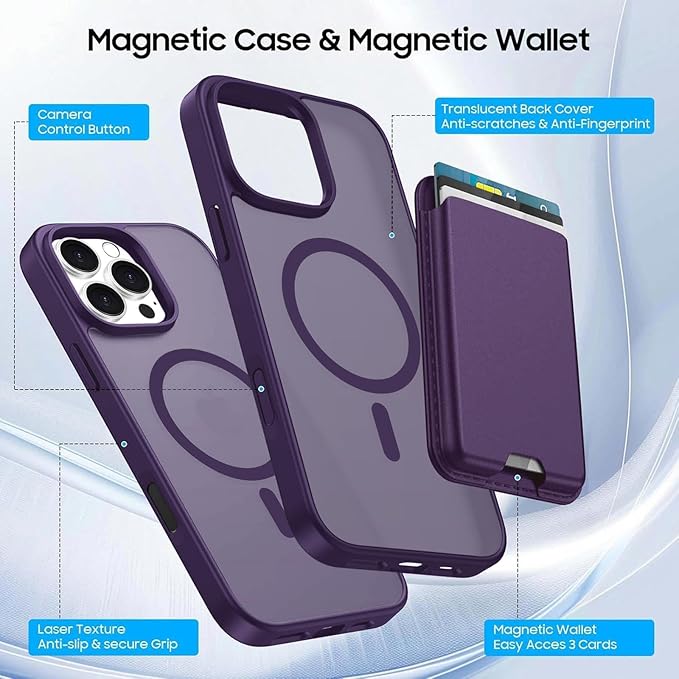 Ntwinro Magnetic for iPhone 16 Pro Max Case (Compatible with MagSafe) with Detachable Wallet & Card Holder for 3 Cards [RFID Blocking] Military Grade Protective Slim Phone Cover, Purple