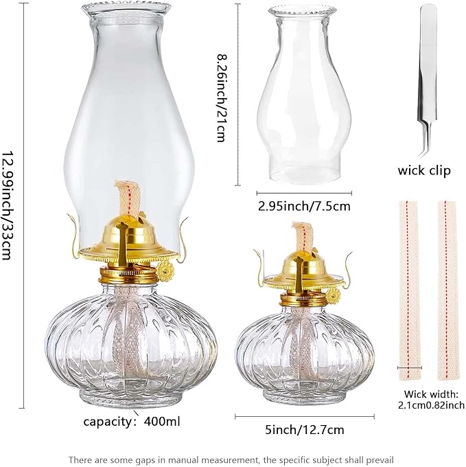 Large Oil Lamp for Indoor Use,Rustic Kerosene Lamp with 2 Pcs Wicks and 1 Tweezers,Glass Hurricane Lantern for Home Emergency Lighting (Clear)