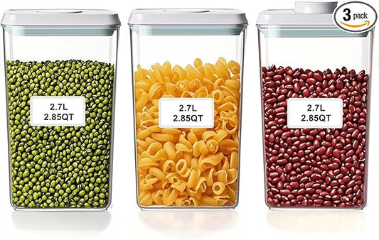 Kahyeets Airtight Food Storage Containers with Lids Airtight Pop Up Containers with Labels Pasta Organizer for Kitchen Pantry Cereal Snack Flour Sugar Coffee, 2700ml / 2.85qt