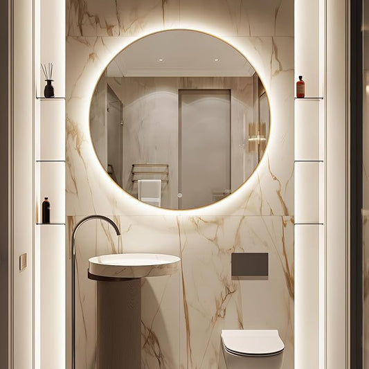 40" Round LED Bathroom Mirror, Wall Mounted Backlit Vanity With Lights, Fog Free Circle With Gold Frame, Smart Light Up 3-Color