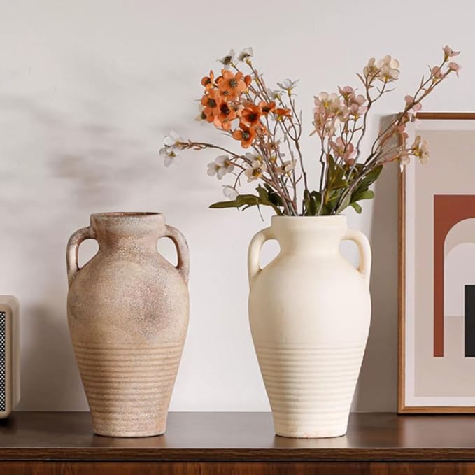 White Ceramic Rustic Flower Vase, 10.83 Inch Pottery Modern Vase for Shelf, Tabletop, Vintage Farmhouse Home Decor for Coffee Table, Living Room, Mantle, Fireplace, Entryway