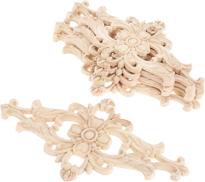 MUXSAM Wood Carved Appliques Furniture Decorative Onlays, 4Pcs Unpainted DIY Center Carving Decal for Door Wall Ceiling Cabinet Dresser Mirror Bed Mantel Bench Decoration, 27x14cm/10.63"x5.51"