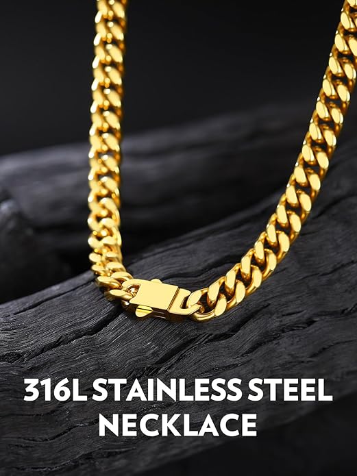 Bandmax Mens Stainless Steel Chain Necklaces 5/7/9/12MM Chunky Miami Cuban Link Chain Necklace Bracelet Silver/Gold Plated/Black Chains for Men 18"-30"