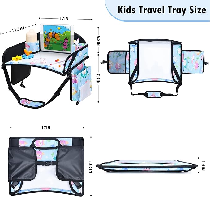 WENRENER Kids Travel Tray, Car Seat Tray for kids Travel, Toddler Road Trip Essentials With Drawing Kit, Toddler Lap Desk Organizer for Car, Carseat Table for Airplane