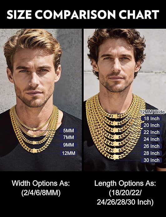 Bandmax Mens Stainless Steel Chain Necklaces 5/7/9/12MM Chunky Miami Cuban Link Chain Necklace Bracelet Silver/Gold Plated/Black Chains for Men 18"-30"