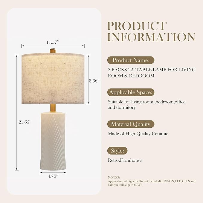 22" Modern Ceramic Table Lamp Set of 2 for Living Room, Table Lamps for Bedroom Set of 2， Farmhouse Bedside Nightstand Bedside Lamp End Table Lamps White