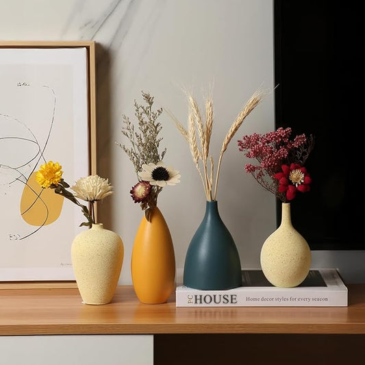 Colorful Ceramic Vase Set of 4, Minimalist Rustic Vases for Home Decor, Decorative Vases for Kitchen, Office, Living Room, Bathroom, Weddings and Festival Decorations