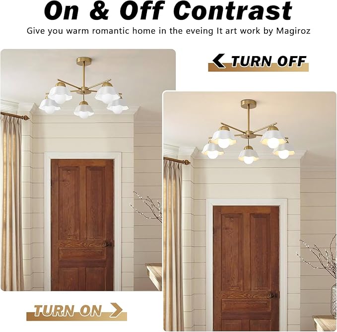 5-Light Modern Chandelier Large Opal White Glass Sputnik Pendant Light Fixture Brass Semi Flush Mount Ceiling Light Vintage Living Room Close to Ceiling Chandelier Light for Bedroom MCL08-5 GD