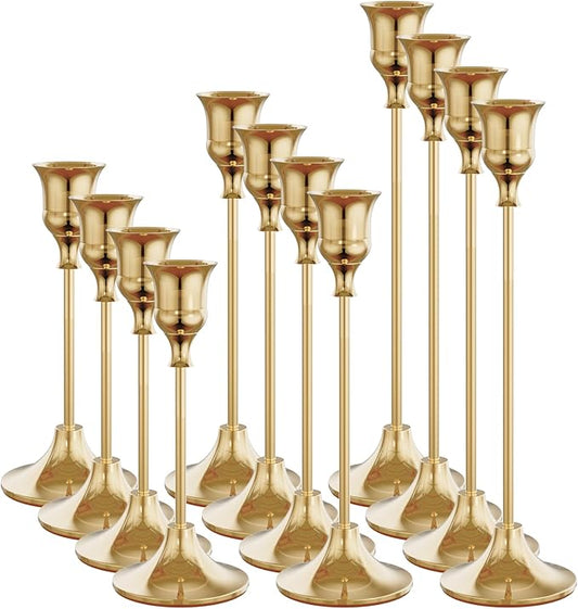Set of 12 French Gold Candle Holders for Taper, Vintage Candlestick Holder Decorative Metal Candle Sticks Home Decor Centerpieces for Table Mantel Festive Decorations