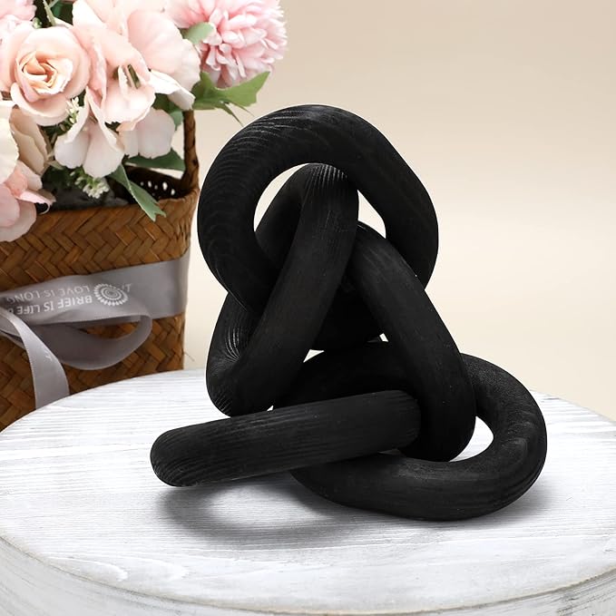 Queekay Decorative Wood Chain Link Decor Rustic Wooden 5 Link Wooden Chain Decor Ornament Farmhouse Home Decoration Hand Carved Wood Crafts Ornaments for Coffee Table(Black)