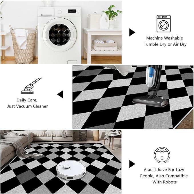 Black and White Rug 3x5, Rhombus Geometric Soft Ultra Soft Faux Wool Low Pile Rug, Indoor Floor Mats Carpet, Non-Slip Stain Resistant Washable Rugs, Modern Abstract Checkered Rugs for Living Room