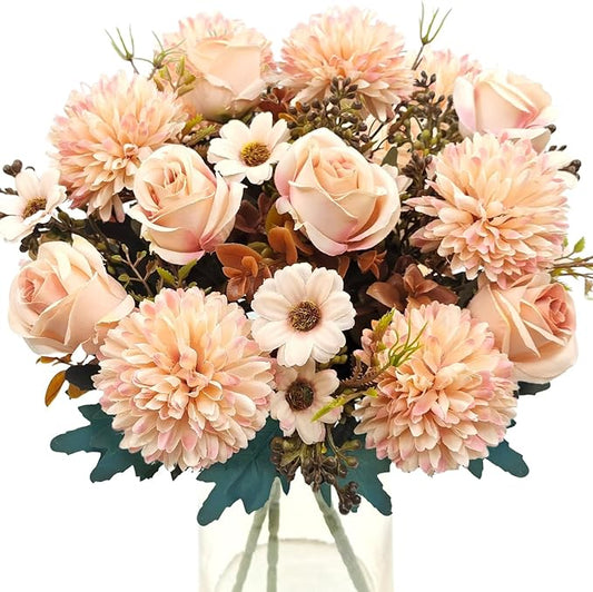 3 Pcs Fall Flowers Artificial Mums Silk Fake Mums Bouquet Faux Floral Arrangements Home Indoor Outdoor Planter Decor Party Wedding Table Autumn Decoration (Champagne)
