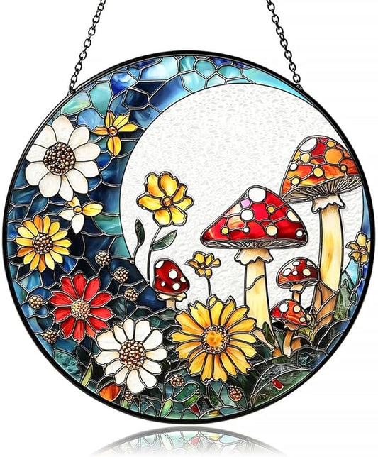 Crescent Moon Suncatcher with Colorful Mushrooms & Wildflowers - Stained Glass Window Hanging Decor for Indoor Windows, Unique Gift for Plant Lovers, Housewarming, Birthday, or New Home Celebration