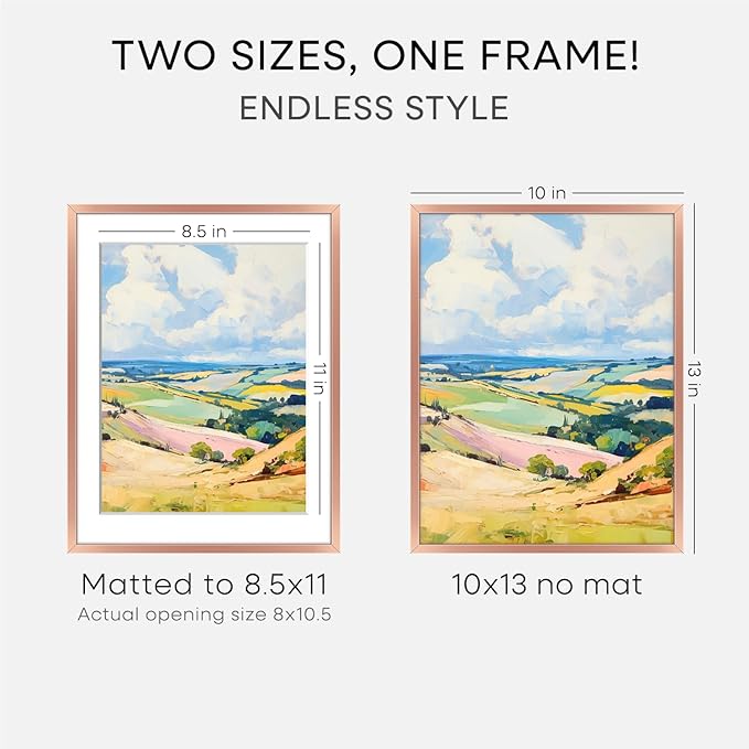 Homeforia 10x13 Picture Frame Rose Gold, High End Metal 10x13 Wall Hanging Frame with Mat 8.5x11, 10 x 13 Poster Frames Matted to 8.5 x 11 inch Photo, 10by13 Frames, Tempered Glass, Wall Kit, Set of 1
