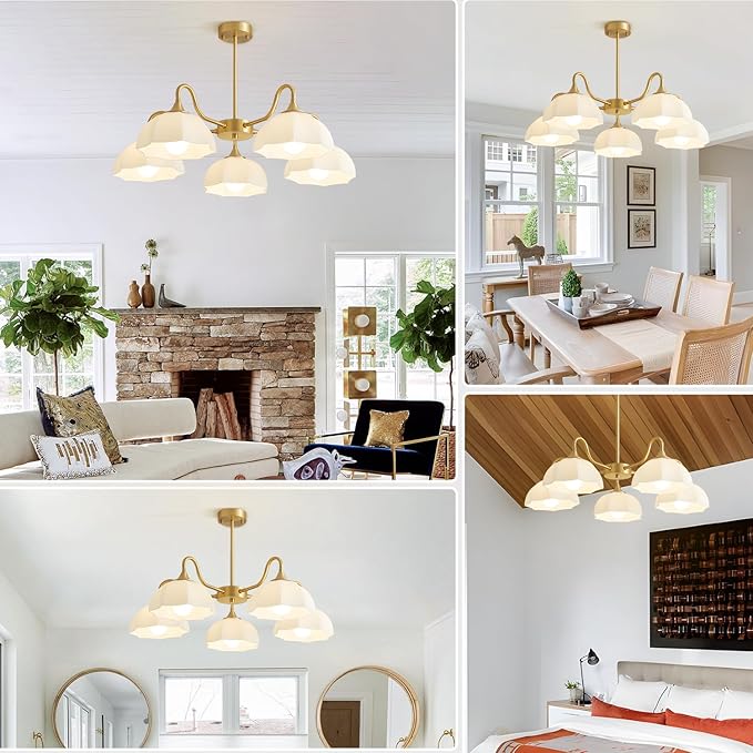 5 Light Modern Gold Chandelier Milk Glass Sputnik Pendant Light Mid Century Nordic White Ceramic Kitchen Island Hanging Lights Dining Room Lighting Fixtures Over Table Chandelier MPL13-5 GD