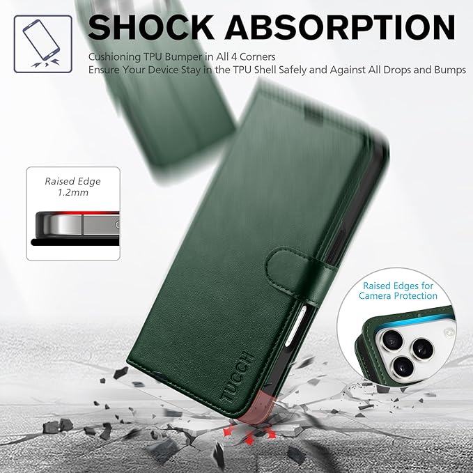 TUCCH Wallet Case for iPhone 17 Pro (6.3") 2025, RFID Blocking 4 Card Slots, Kickstand, Shockproof TPU Shell, PU Leather, Magnetic Closure, Protective Flip Folio Cover, Evergreen