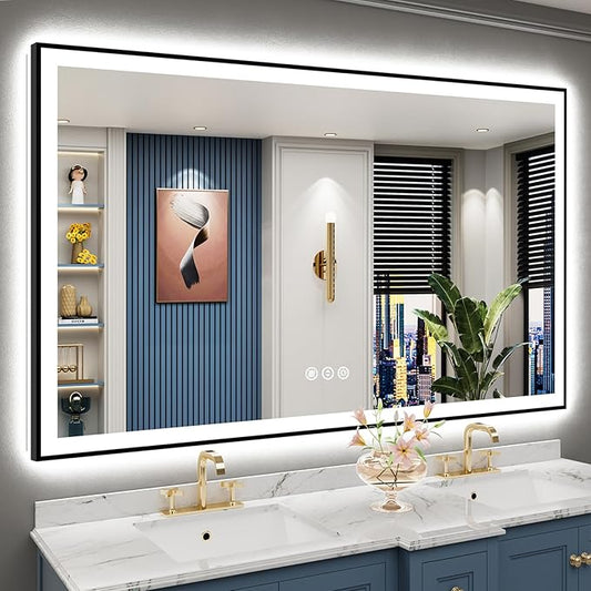 66x40 Black Framed LED Bathroom Mirror with Lights, Backlit and Front Lit, Anti-Fog Lighted Vanity Mirrors for Bathroom Wall, Dimmable, 3-Color Light, Memory, Shatter-Proof, HD Tempered Glass