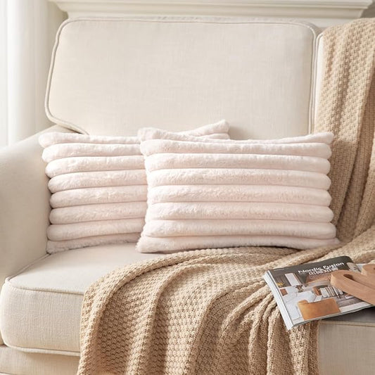 DEELAND Pack of 2,Double-Sided Faux Fur Plush Decorative Throw Pillow Covers Fuzzy Striped Soft Pillowcase Cushion Covers for Sofa Couch Bedroom Beige 12x20 inch