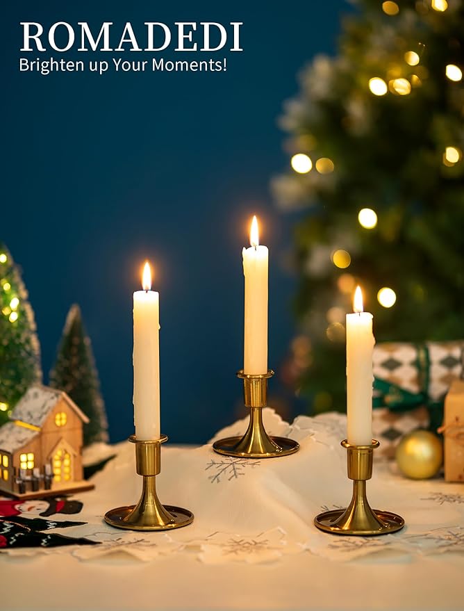 Romadedi Gold Candlestick Candle Holders - Brass Taper Holders Candle Stick for Wedding Table Centerpiece Festive Christmas Mantel Decoration Home Decor, Set of 12