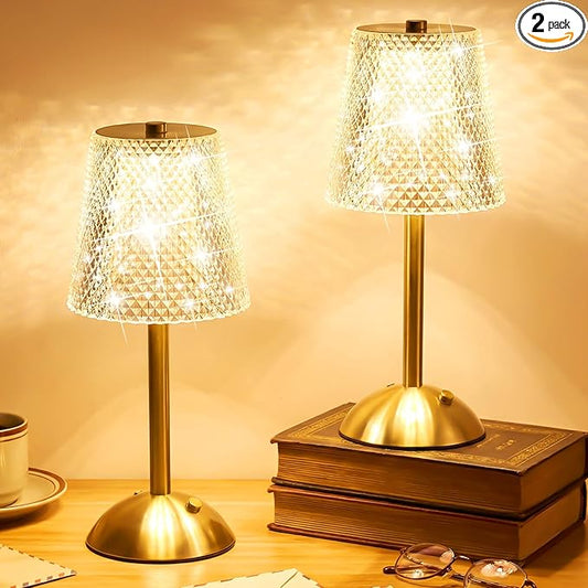 Liliful 2 Pcs Cordless Table Lamp Rechargeable Touch LED Small Gold Portable Battery Operated USB-c Desk Lamp 3 Color Dimmable for Bedroom Living Room Dining (Gold,Crystal Cut Style)