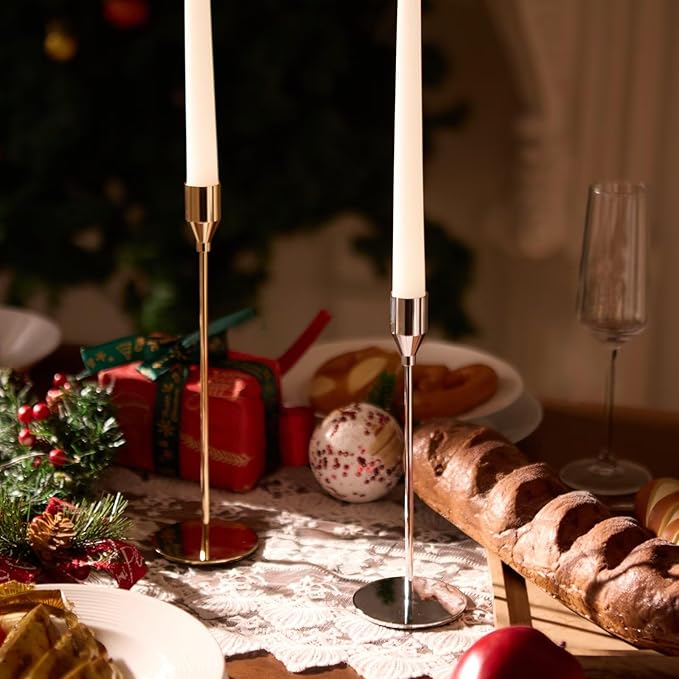Solid Taper Candle Holders Set of 3, Luxury Silver Long Skinny Candlestick (Heights: 9/11/13 Inch), Heavy Iron Anti-Slip Base for Fireplace Mantle Table Centerpiece Dining Decor
