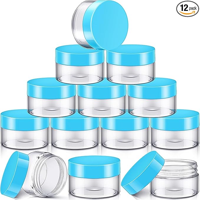 SATINIOR 12 Pack 12 oz Plastic Container Jars with Lids Round Clear Travel Cosmetic Container Slime Jars for Toiletries, Lotion, Cream, Ointments, Makeup, Rhinestone, Samples, Kitchen Storage(Blue)
