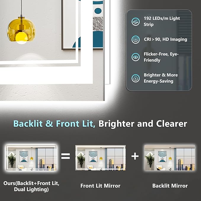 96x36 Inch LED Bathroom Mirror with Lights, Backlit & Front Lit, Anti-Fog Lighted Vanity Mirrors for Bathroom Wall, Dimmable, 3 Color Temperatures, Memory, Shatter-Proof, HD Tempered Glass