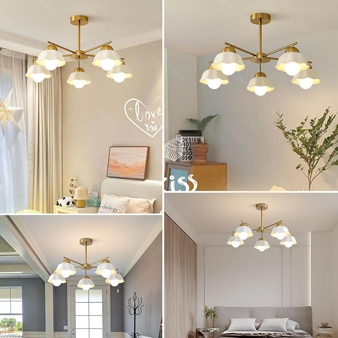 5-Light Modern Chandelier Large Opal White Glass Sputnik Pendant Light Fixture Brass Semi Flush Mount Ceiling Light Vintage Living Room Close to Ceiling Chandelier Light for Bedroom MCL08-5 GD
