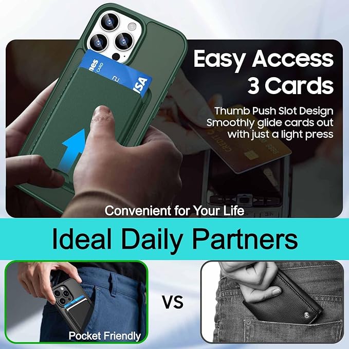 Ntwinro Magnetic for iPhone 15 Pro Max Case (Compatible with MagSafe) with Detachable Wallet & Card Holder for 3 Cards [RFID Blocking] Military Grade Protective Slim Phone Cover, Green